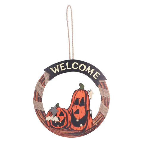 Halloween Welcome Sign Wooden Pumpkin Pattern Door Hanging Sign Decoration for Halloween Party Festival