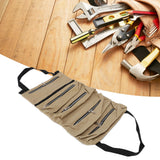 Tool Storage Bag Canvas Foldable Zipper Design Lightweight and Durable High Capacity Tool Roll Up Bag with StrapsKhaki