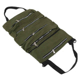 Tool Storage Bag Canvas Foldable Zipper Design Lightweight and Durable High Capacity Tool Roll Up Bag with StrapsGreen