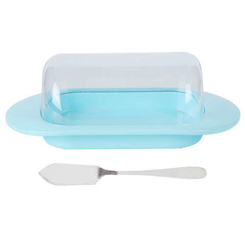 Round Edge Plastic Butter Storage Box Cheese Dessert Bread Server Keeper with Transparent Cover KnifeBlue In Australia - Darrahopens