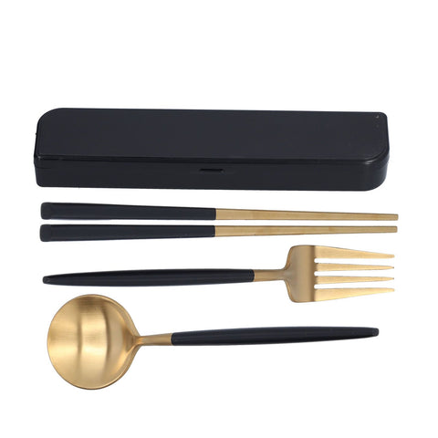 3Pcs/Set Portable Travel Utensils Stainless Steel Spoon Fork Chopsticks Set for SchoolBlack Gold (Black Storage Box) In Australia - Darrahopens