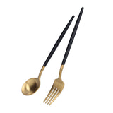 3Pcs/Set Portable Travel Utensils Stainless Steel Spoon Fork Chopsticks Set for SchoolBlack Gold (Black Storage Box)