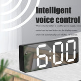 LED Digital Alarm Clock with Voice Control and Temperature Display Bedside Clock Adjustable Brightness Mirror Alarm