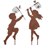1 Pair Boy Girl Catching Butterfly Metal Decorative Garden Stakes Outdoor Garden Decor Boy Girl Silhouette Yard Stakes Spring Decor In Australia - Darrahopens