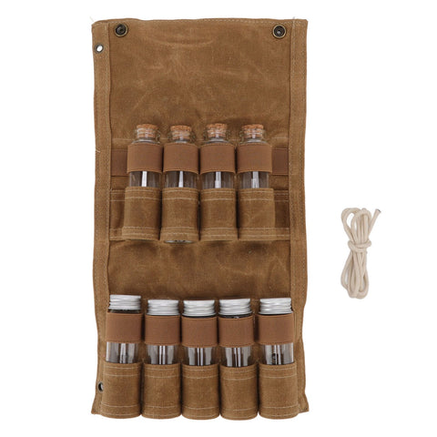 Spice Bottle Bag Wet Wax Canvas Portable Seasoning Storage Bag with 9 Glass Seasoning Bottle for Outdoor Camping Khaki In Australia - Darrahopens
