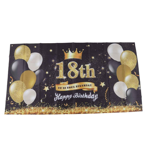 Happy 18th Birthday Backdrop Black Gold 180x99cm Reusable Happy Birthday Decorations with 4 Grommets In Australia - Darrahopens