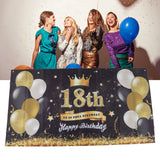Happy 18th Birthday Backdrop Black Gold 180x99cm Reusable Happy Birthday Decorations with 4 Grommets