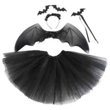 4Pcs Girls Halloween Cosplay Costume Dress Up Dress Black Mesh Skirt with Headband Bat Wing Wand Halloween Party Cosplay Props