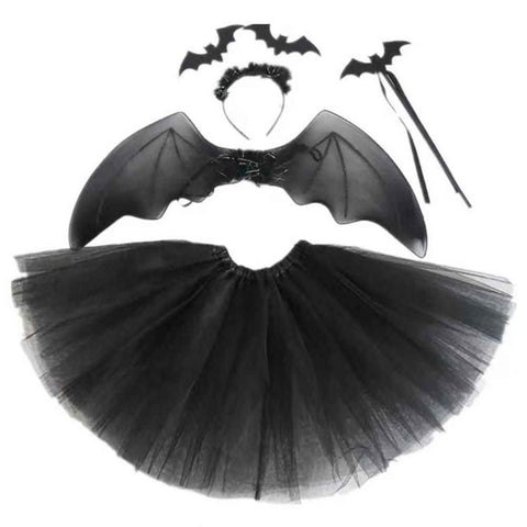4Pcs Girls Halloween Cosplay Costume Dress Up Dress Black Mesh Skirt with Headband Bat Wing Wand Halloween Party Cosplay Props