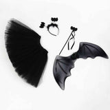4Pcs Girls Halloween Cosplay Costume Dress Up Dress Black Mesh Skirt with Headband Bat Wing Wand Halloween Party Cosplay Props