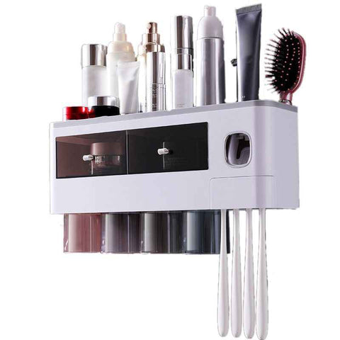 Wall Mounted Toothbrush Holder Multi Function Magnetic Absorption Bathroom Storage Rack with Drawer Toothpaste Dispenser 4 Cup Translucent Gray (38.4x11.3x20cm/15.1x4.4x7.9in) In Australia - Darrahopens