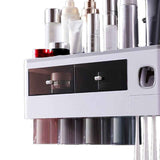 Wall Mounted Toothbrush Holder Multi Function Magnetic Absorption Bathroom Storage Rack with Drawer Toothpaste Dispenser 4 Cup Translucent Gray (38.4x11.3x20cm/15.1x4.4x7.9in) In Australia - Darrahopens