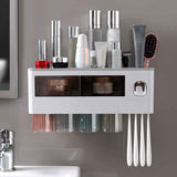 Wall Mounted Toothbrush Holder Multi Function Magnetic Absorption Bathroom Storage Rack with Drawer Toothpaste Dispenser 4 Cup Translucent Gray (38.4x11.3x20cm/15.1x4.4x7.9in) In Australia - Darrahopens