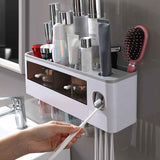 Wall Mounted Toothbrush Holder Multi Function Magnetic Absorption Bathroom Storage Rack with Drawer Toothpaste Dispenser 4 Cup Translucent Gray (38.4x11.3x20cm/15.1x4.4x7.9in) In Australia - Darrahopens