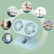 Desktop Double Blade Small Fan USB Mini Folding Desktop 2 Head Fan for Student Office Folding Dual Motor Blue