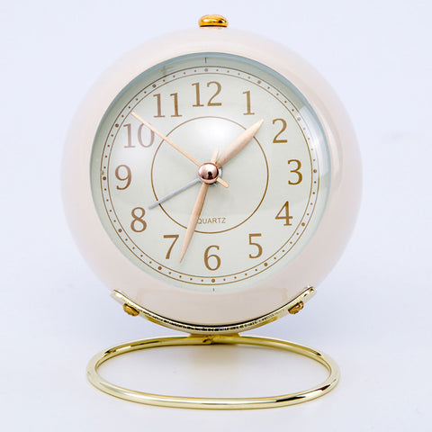 European Style Metal Clock Ingenious Mute Round Children Electronic Quartz Alarm Clock for Living Room Bedroom White