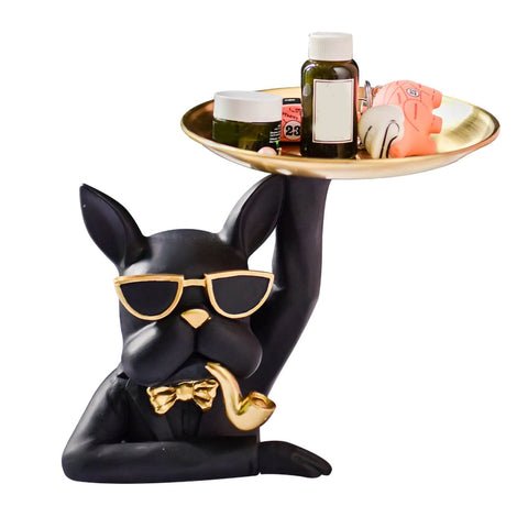 Statue Tray Decorative Bulldog Synthetic Resin Jewelry Storage Figurine Fruit Plate for Living Room Bedroom Black In Australia - Darrahopens