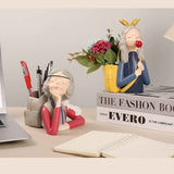 Brush Pot Pen Holder Container Cute Girl Styling Desktop Decoration Ornaments Resin Craftwork Bag Girl Red