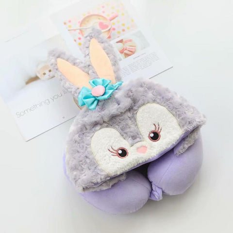 Hooded U Shaped Pillow Cute Cartoon Travel PP Cotton U Shaped Neck Pillow for Airplane Seat Purple Rabbit In Australia - Darrahopens