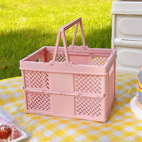 Folding Picnic Basket Stackable Storage Box Plastic Grocery Shopping Basket with Handles for Outdoor Home Pink In Australia - Darrahopens