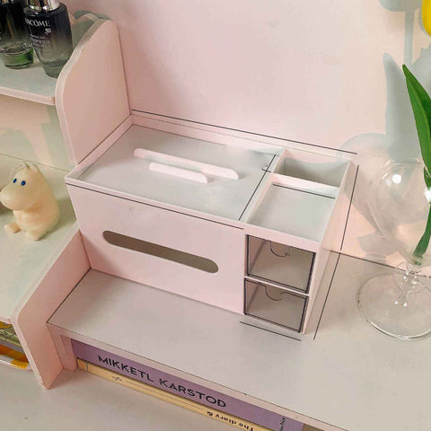 Cosmetics Storage Box Tabletop Tissue Box Lovely Decorative Paper Basket Desktop Makeup Organizer for Bedroom Dormitory White
