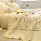 Cotton Quilt Pure Color Home Fashion Elegant Tencel Embroidery Pattern Cotton Summer Cooling Quilt Yellow 1 X Sheet 245x250cm