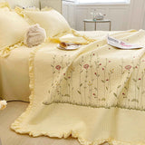 Cotton Quilt Pure Color Home Fashion Elegant Tencel Embroidery Pattern Cotton Summer Cooling Quilt Yellow 1 X Sheet 245x250cm