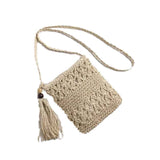 Straw Satchel Weave Bag Hand Knitting Square Shape Tassels Woven Bag for Beach Dating Beige In Australia - Darrahopens