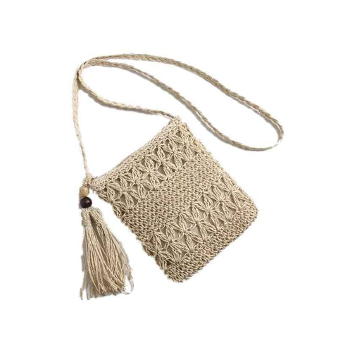 Straw Satchel Weave Bag Hand Knitting Square Shape Tassels Woven Bag for Beach Dating Beige In Australia - Darrahopens