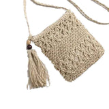 Straw Satchel Weave Bag Hand Knitting Square Shape Tassels Woven Bag for Beach Dating Beige In Australia - Darrahopens