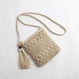 Straw Satchel Weave Bag Hand Knitting Square Shape Tassels Woven Bag for Beach Dating Beige In Australia - Darrahopens