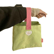 Bento Bag Heart Letter Embroidery Pattern Inner Pocket Storage Button Canvas Material Portable Lunch Box Bag Green In Australia - Darrahopens