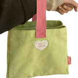Bento Bag Heart Letter Embroidery Pattern Inner Pocket Storage Button Canvas Material Portable Lunch Box Bag Green In Australia - Darrahopens