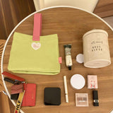 Bento Bag Heart Letter Embroidery Pattern Inner Pocket Storage Button Canvas Material Portable Lunch Box Bag Green In Australia - Darrahopens