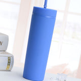 Straw Cup Colorful Plastic Simple Style Comfortable Hand Feeling Large Capacity Drinking Straw Bottle Blue 16oz