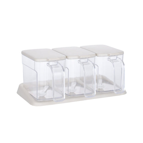 Seasoning Box Set Plastic Clear 3 Grids Large Capacity Condiment Box with Spoons for Kitchen Apricot