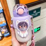 Soft Straw Drinking Cup Portable Plastic Sippy Cup Cartoon Pattern Water Bottle with Strap Purple In Australia - Darrahopens