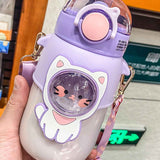 Soft Straw Drinking Cup Portable Plastic Sippy Cup Cartoon Pattern Water Bottle with Strap Purple In Australia - Darrahopens