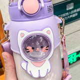 Soft Straw Drinking Cup Portable Plastic Sippy Cup Cartoon Pattern Water Bottle with Strap Purple In Australia - Darrahopens