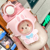 Soft Straw Drinking Cup Portable Plastic Sippy Cup Cartoon Pattern Water Bottle with Strap Pink