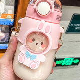 Soft Straw Drinking Cup Portable Plastic Sippy Cup Cartoon Pattern Water Bottle with Strap Pink
