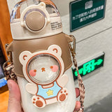 Soft Straw Drinking Cup Portable Plastic Sippy Cup Cartoon Pattern Water Bottle with Strap Brown