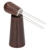 Coffee Stirring Tool 4 Arc Pins Wooden Handle Coffee Needle Type Distributor Tool with Base for Home Dark Brown
