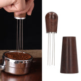 Coffee Stirring Tool 4 Arc Pins Wooden Handle Coffee Needle Type Distributor Tool with Base for Home Dark Brown