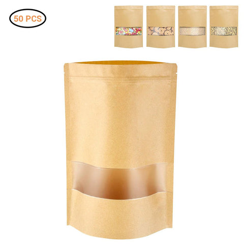 50Pcs Stand Up Pouch Bags Kraft Pouches with Tear Notch and Matte Window Resealable Zip Lock Food Storage Bags In Australia - Darrahopens