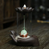 LED Waterfall Backflow Incense Burner with Windproof Cover Handicraft for Home Office Tea House