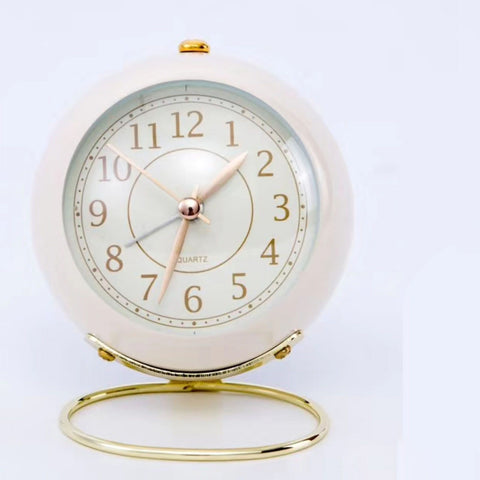 Small Round Clock Circular Base Mute Corrosion Resistance Quartz Bedside Alarm Clock with Night Light for Bedroom School Creamy White, Golden Cover In Australia - Darrahopens