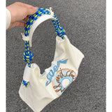 Large Capacity Canvas Bags Hand Embroidered Underarm Bag Versatile Women Tote Bag for Shopping Blue