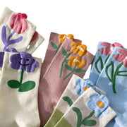 Women Mid Tube Socks Tulip Flower Pattern Cotton Socks Ladies Deodorant Sweat Absorption Socks Mixed Color 5 Pairs Free Size