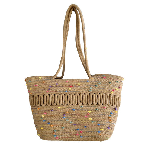 Straw Bag Woven Papyrus Large Capacity Simple Hollow Design Woven Basket Bag for Travel Holiday Colorful Dots in Light Tan In Australia - Darrahopens
